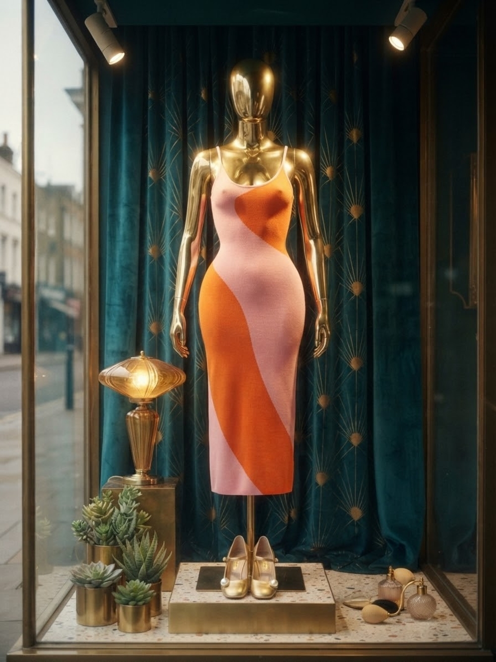 Retro Unique Sleeveless Jacquard Sweater Dress Pink & Orange Midi